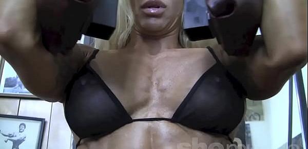  Blonde Sexy Female Bodybuilder in See Through Top Works Out